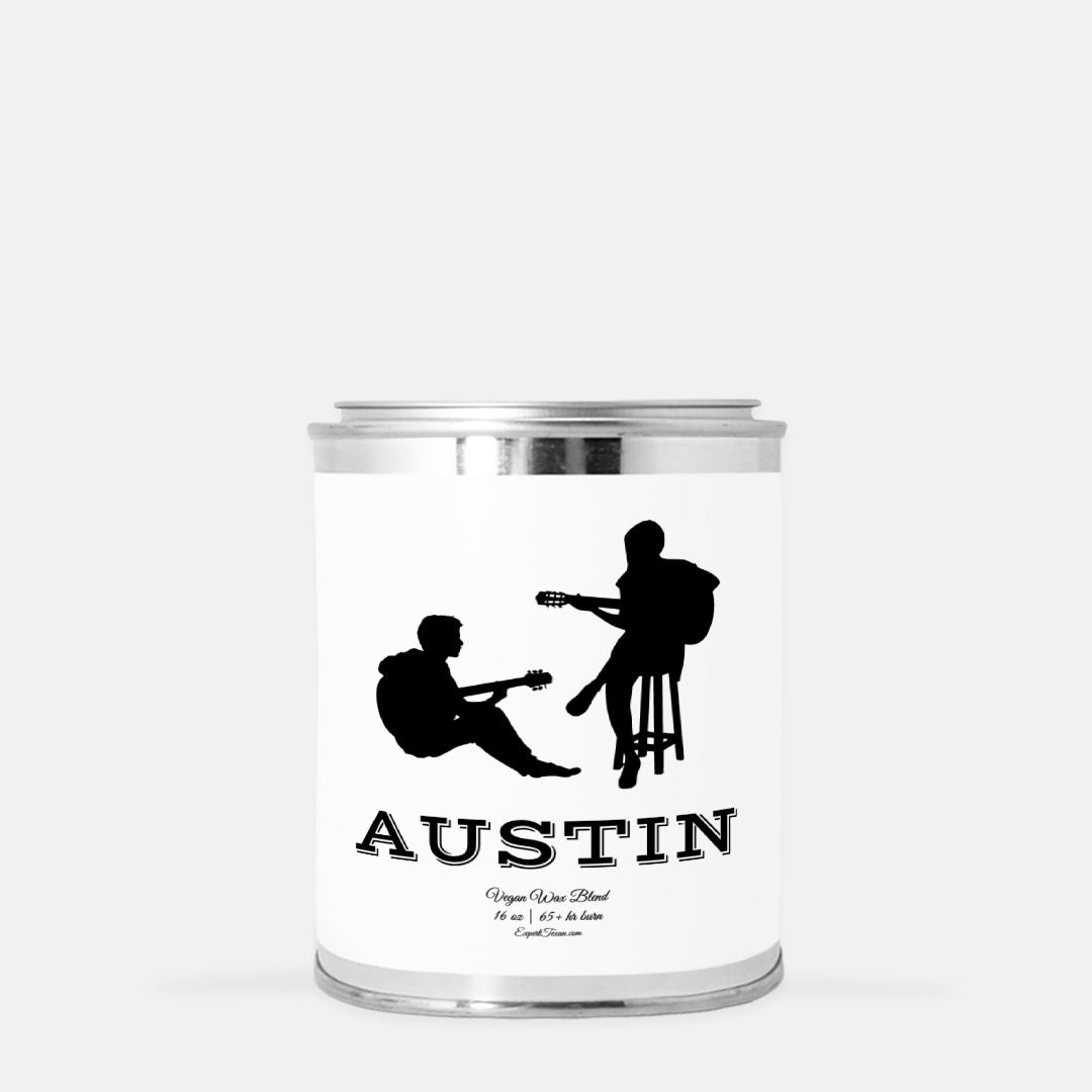 austin, tx musicians playing guitar together on front of candle label