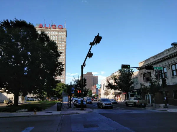 Austin Ave with the historic Alico building and downtown Waco in the background.